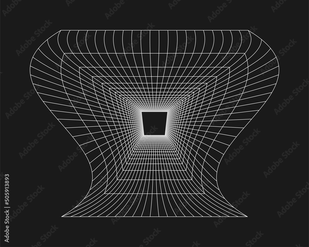 Aufkleber cyber grid, retro punk perspective rectangular tunnel. grid tunnel geometry on black background. vec