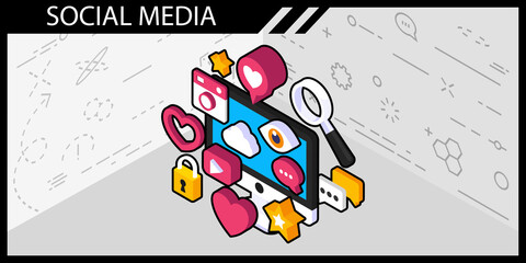 Social media isometric design icon. Vector web illustration. 3d colorful concept