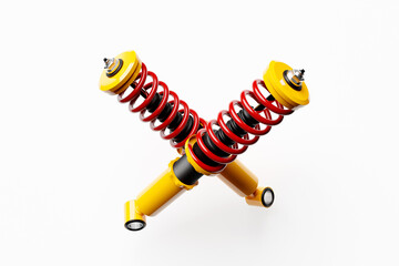Two colorful shock absorber car on white background. 3d illustration. Suspension Parts
