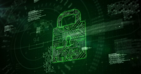 Futuristic padlock against digitally generated background