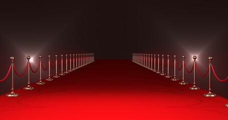 Long red carpet with spotlights against red background