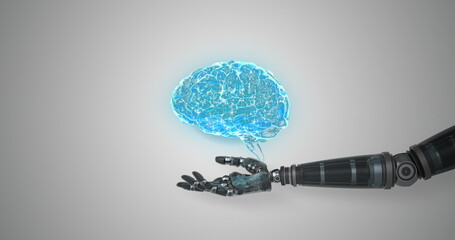 Robotic hand presenting digital human brain