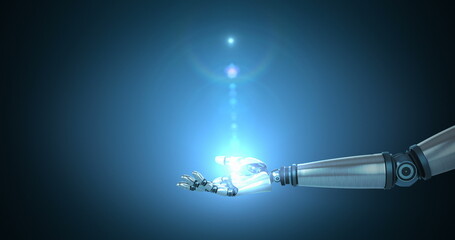 Robotic hand presenting illuminated light against blue background