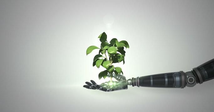 Robotic hand presenting digital green plant growing against white background