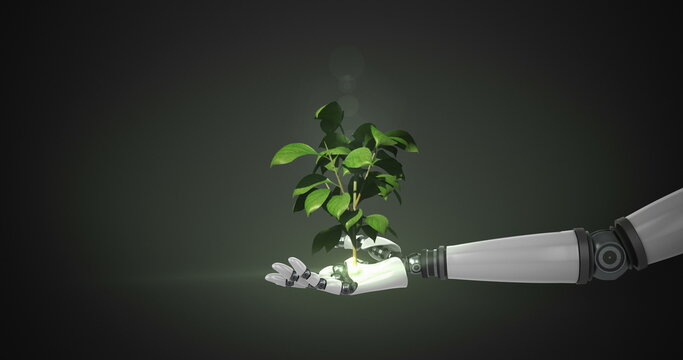 Robotic hand presenting digital green plant growing against black background