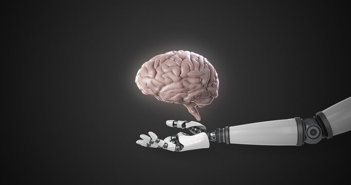 Robotic hand presenting digital human brain against black background
