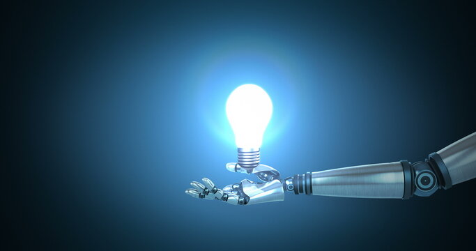 Robotic hand presenting illuminated bulb against blue background