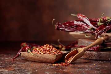 Chilli flakes and dried chili peppers.