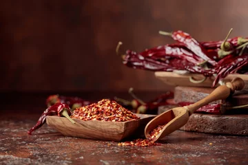 Fotobehang Chilli flakes and dried chili peppers. © Igor Normann