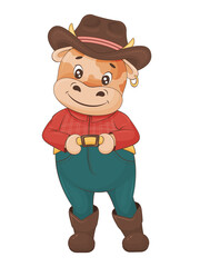Cute cowboy calf farmer. Cartoon style. Children illustration. Isolated on white. Vector illustration
