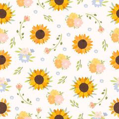 Sunflower pattern. Vector seamless pattern flowers and sunflowers. pastel background
