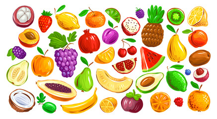 Set of colorful fruits and berries isolated on white background. Farm organic food vector illustration