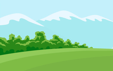 Summer landscape of nature. Panorama with green forests, hill, fields, mountains and blue sky. Rural scener. Flat vector illustration