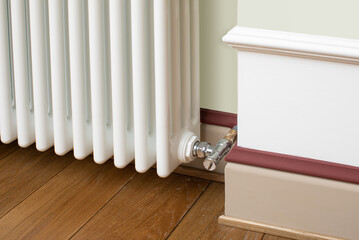 Stylish solution of the house heating system design. Vertical short heater radiator mounted on a wall, decorated with coloured skirting board.