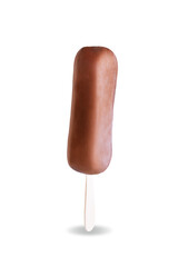 Chocolate vanilla ice cream with chocolate glaze on a stick on a white isolated background