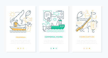 Fishing in salt and fresh water - line design style banners set
