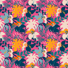 Vector seamless pattern with colorful tropical leaves and flowers