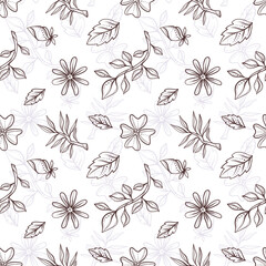 Seamless floral pattern with leaves, textured background for your design projects, textile, wrapping, wallpaper, web. Black and white artwork