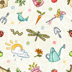 Colorful seamless pattern with bird, cloud, watering can, dragonfly, vegetables and many other gardening items. Hand drawn doodle illustrations for make your design projects more fresh and joyful.