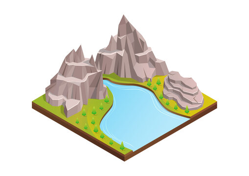 isometric mountain with big river