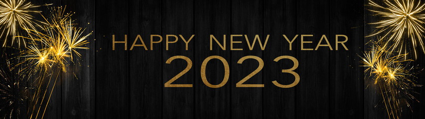 Silvester 2023 Happy New Year, New Year's Eve Party background banner panorama long greeting card - Golden firework fireworks on dark black night sky texture