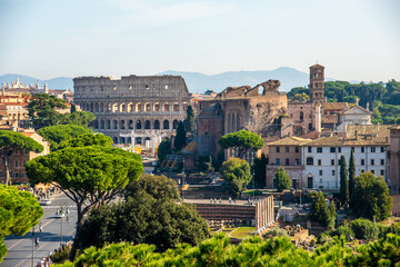 Fototapeta na wymiar Forum Romanum and Coliseum view from the Capitoline Hill in Italy, Rome