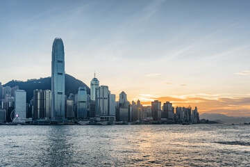 View of Hong Kong Island skyline at sunset - obrazy, fototapety, plakaty