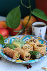 Traditional Turkish dessert close up photo. Colorful sweet pastries on a plate. Food still life photo. 