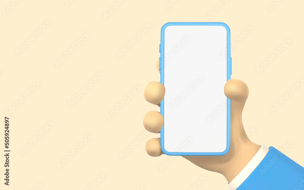 Poster cartoon character hand with smart phone, scrolling or searching for something. 3d render hand busine