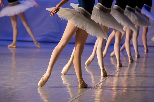 Young ballerinas on stage during a rehearsal of a ballet performance