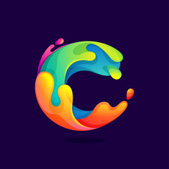 C letter logo with juice splash, waves, and drops. Multicolor icon with glow and gradients.