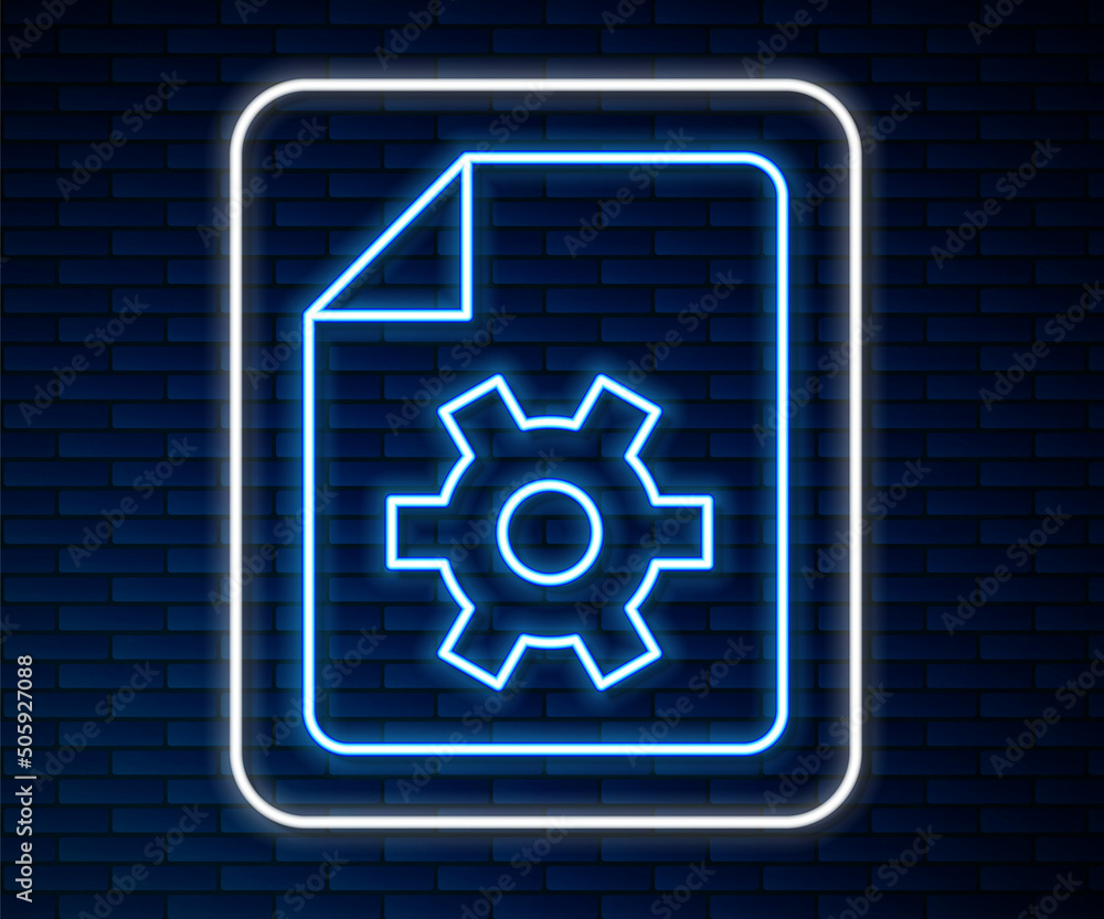 Poster glowing neon line document settings with gears icon isolated on brick wall background. software upda