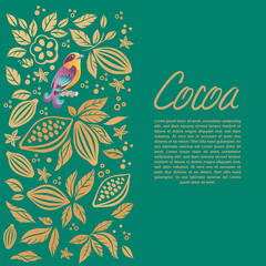 Cocoa Beans and Nut. chocolate ornament. Cocoa bean, leaves and nut. Natural, organic decorative decor. Chocolate bar label design. Textile, fabric print in monochromatic texture.