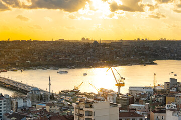 Fototapeta na wymiar Aerial Istanbul Sunset Panorama to Golden Horn and Galata district
