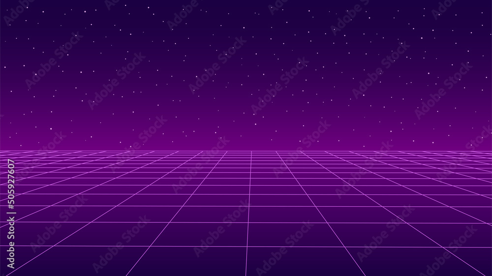 Wall mural Technology background perspective retro grid. Futuristic cyber surface 80s - 90s styled. Vector pink mesh on colorful background. Digital space wireframe landscape.