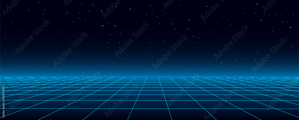Poster technology background perspective retro grid. futuristic cyber surface 80s - 90s styled. vector blue