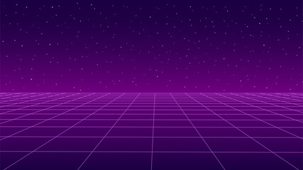 Technology background perspective retro grid. Futuristic cyber surface 80s - 90s styled. Vector pink mesh on colorful background. Digital space wireframe landscape.