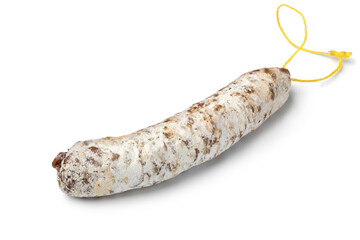 Single Traditional French sausage with duck meat isolated on white background close up 