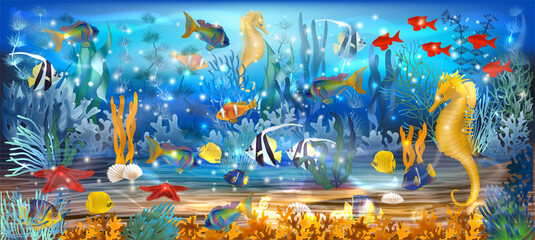 Underwater wallpaper with seahorse tropical fish. vector illustration - obrazy, fototapety, plakaty