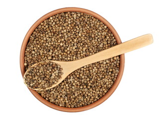 Coriander seeds in clay pot isolated on white, top view 