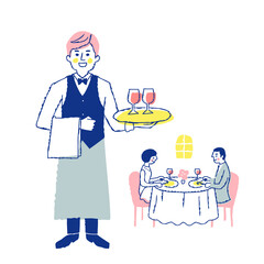 レストランのウェイターと食事をする客