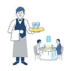 レストランのウェイターと食事をする客