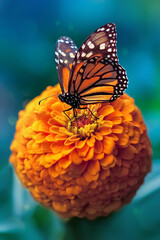 Monarch butterfly and orange flower in the summer garden. - 505936831