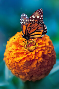 Monarch butterfly and orange flower in the summer garden.