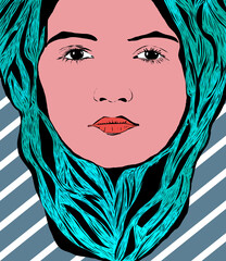 Portret młodej kobiety z długimi włosami komiks - obrazy, fototapety, plakaty