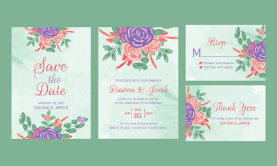 Wedding Invitation card, save the date, thank you, rsvp template set. Beautiful floral leaves and watercolor flower bouquet.