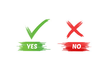 Yes or no with art brush Premium Vector. tick and cross brush signs. Green checkmark OK and red X icons, isolated on white background. Simple marks graphic design.