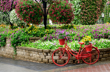 Fototapeta na wymiar Beautiful red bicycle and flowers in the garden with colorful flowers in Magic garden, Dubai