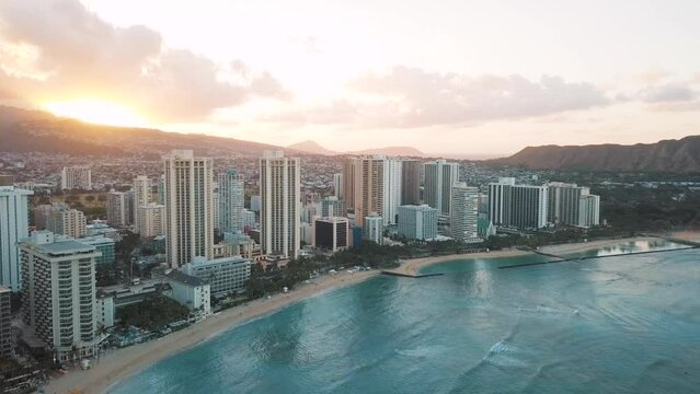 drone shot of Waikiki Skyline in Honolulu during sunset on Oahu, Hawaii