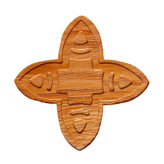 Wooden amulet with ancient ornament isolated on white background